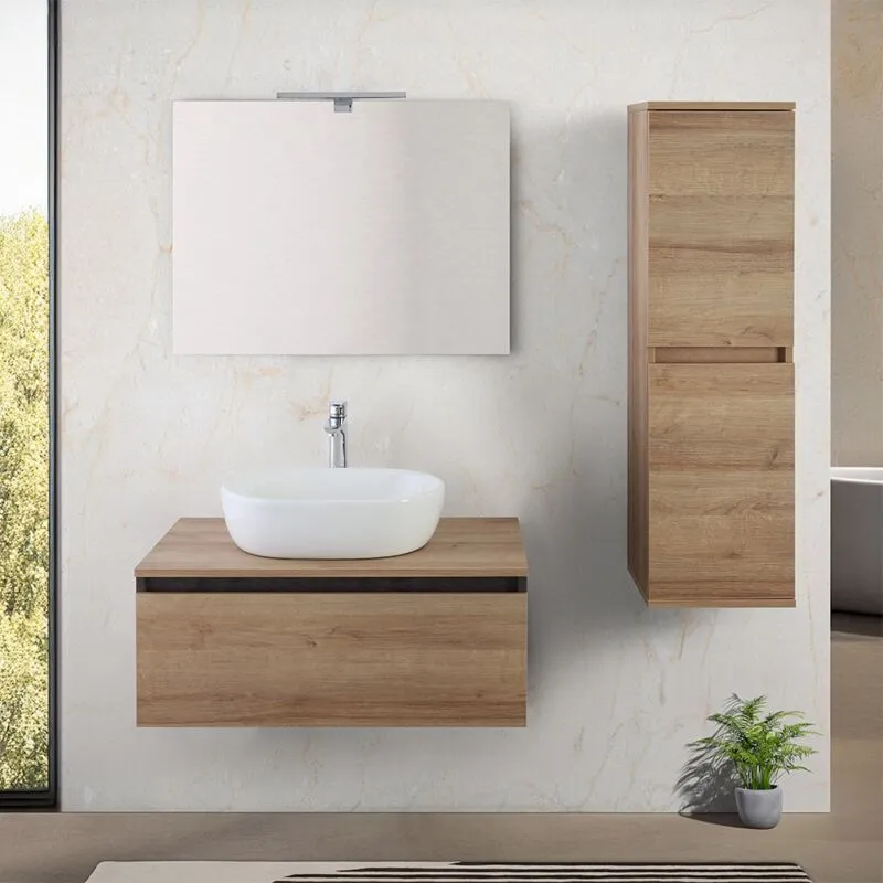 Inbagno - Mobile bagno sospeso 80 cm ossido e rovere con lavabo e specchio Kleo