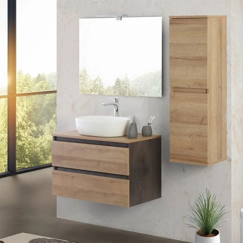 Inbagno - Mobile bagno sospeso 80 cm ossido e rovere con top lavabo e specchio Kleo