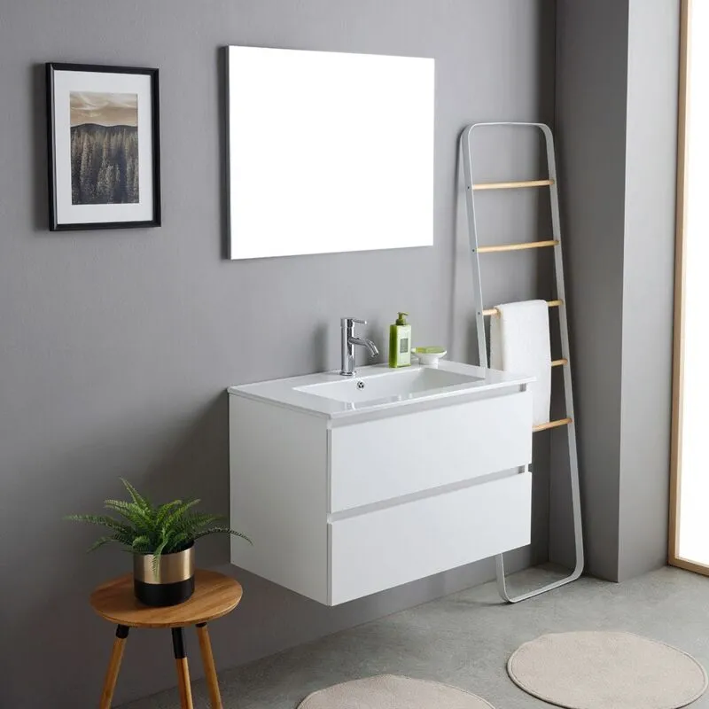 Mobile Bagno Sospeso 80Cm Bianco Con Lavabo e Specchio Bilbao