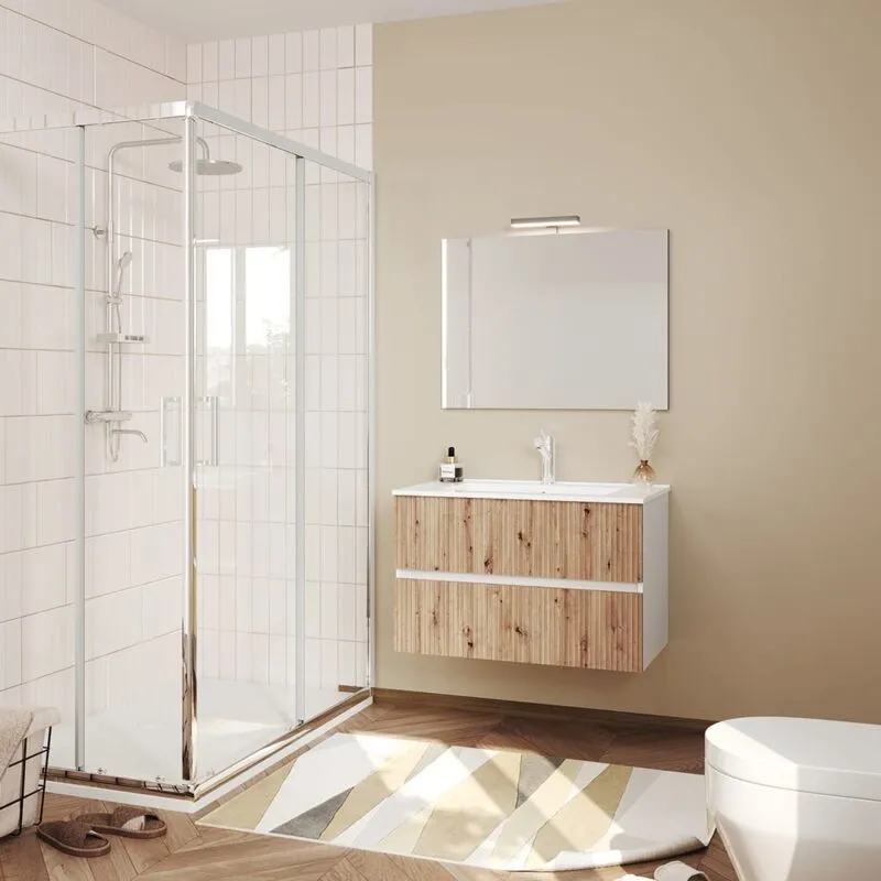 Mobile Bagno Sospeso 80Cm Bianco e Rovere Cannettato, Specchio 80X60 Salina