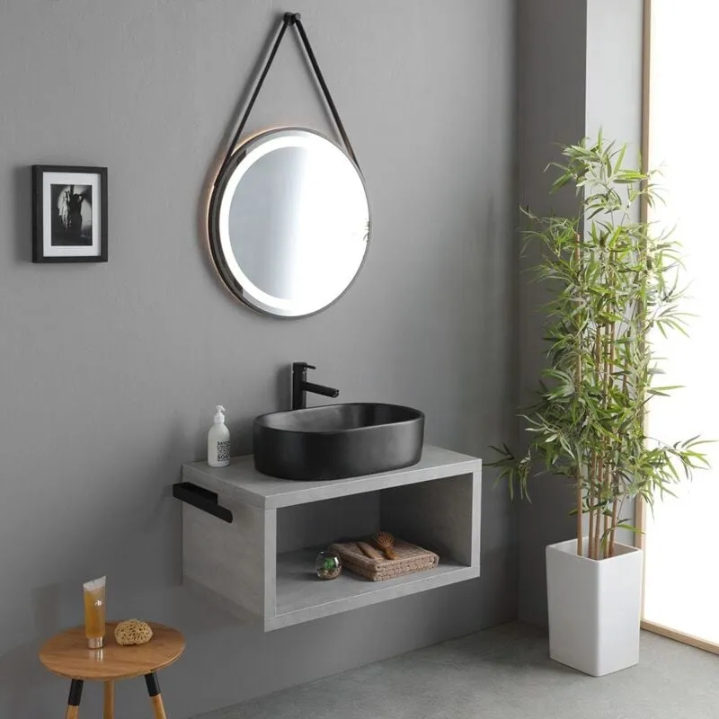 Mobile Bagno Sospeso 80Cm Con Lavabo Da Appoggio Nero Opaco Kyoto