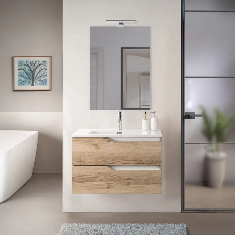 Mobile bagno sospeso 80cm quercia e bianco con lavabo e specchio Sumya