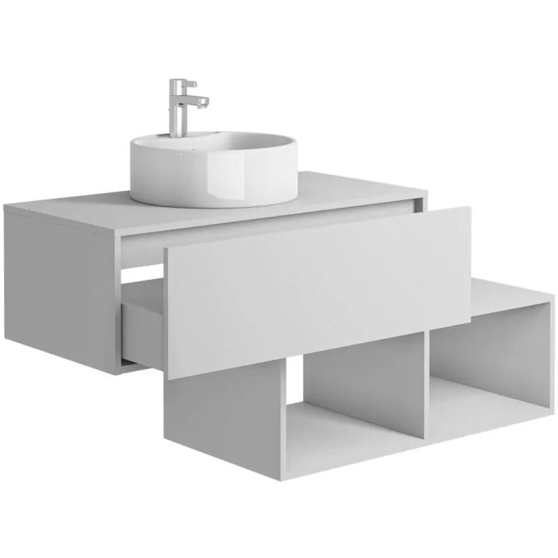 Mobile bagno sospeso Bianco con lavabo tondo 1 cassetto e 2 nicchie 94 cm - teana ii