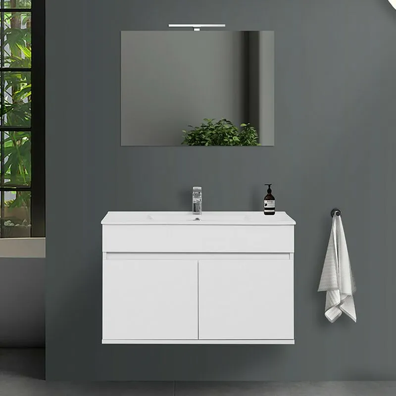 Inbagno - Mobile bagno sospeso da 90 cm Duble bianco lucido con lavabo e specchio