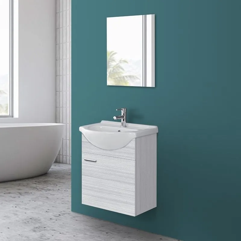 Feridras - Mobile bagno sospeso 55 cm grigio completo di lavabo e specchio Desya