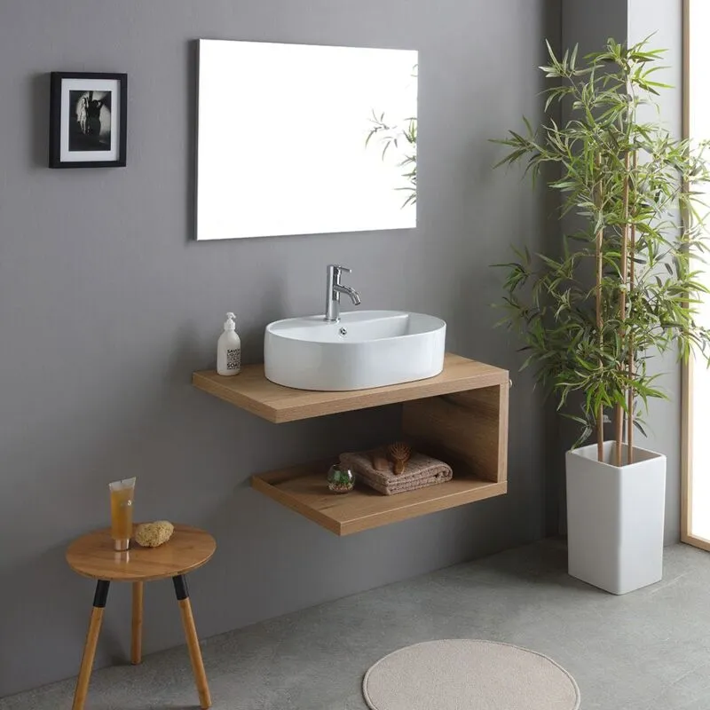 Kiamami Valentina - Mobile Bagno Sospeso Rovere Naturale 80Cm Con Lavabo D'arredo Kyoto