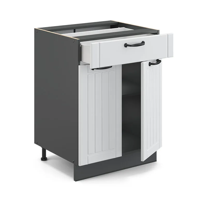 Mobiletto base per cucina Fame-Line, Bianco casa di campagna, 60 cm con cassetto, senza piano di lavoro 