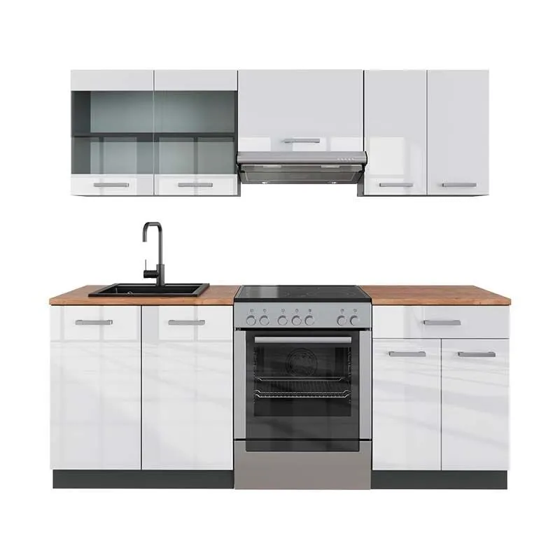  - Cucina componibile R-Line, Bianco lucido/antracite, 200 cm , pl Rovere