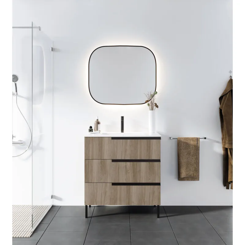 Aurlane - Mobile da bagno 80 cm Rovere Scuro 3 cassetti e Lavabo in ceramica bianca - one