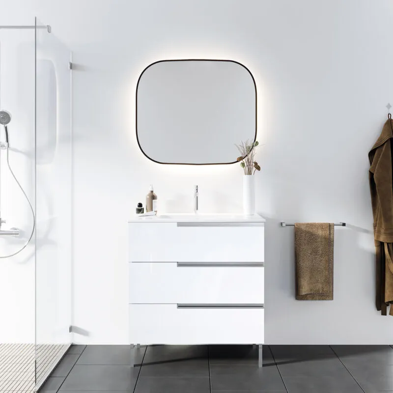 Aurlane - Mobile da bagno 80 cm Bianco Glossy con 3 cassetti e lavabo in ceramica bianca - one