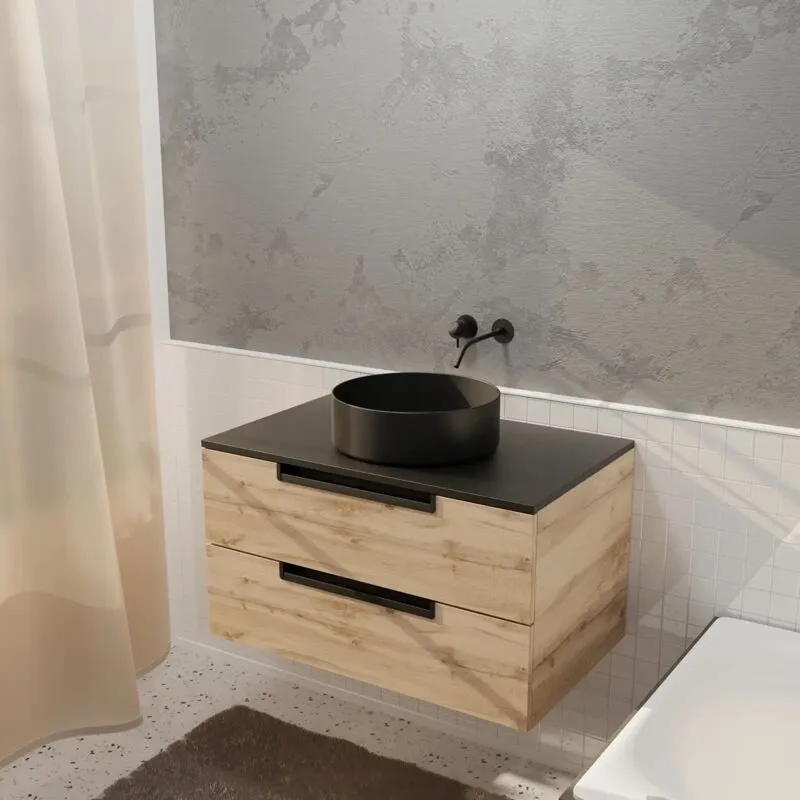 Aurlane - Mobile da Bagno 80 cm Sospeso 2 Cassetti - Finitura Legno e Nero - Lavabo Retondo Ø36 cm