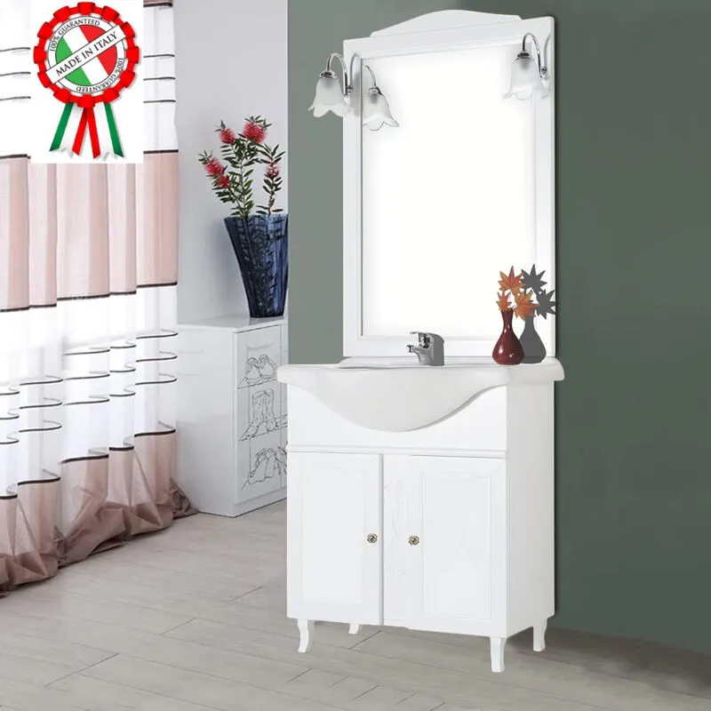 Shally Dogan - Mobile Da Bagno Bianco Completo Modello Giada Ante Lisce 75cm Legno con Specchio