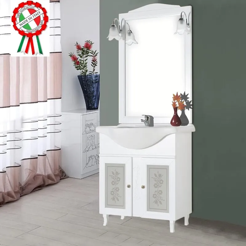 Mobile Da Bagno Bianco Completo Modello Giada Ante Vetro 75cm Legno con Specchio