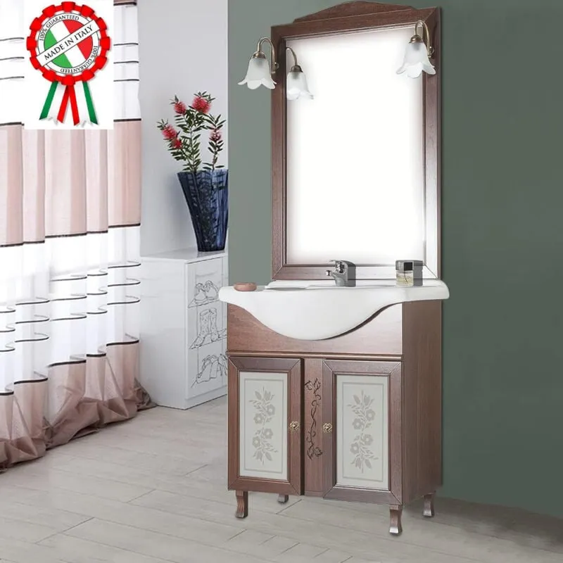 Shally Dogan - Mobile Da Bagno Noce Completo Modello Giada Ante Vetro 75cm Legno con Specchio