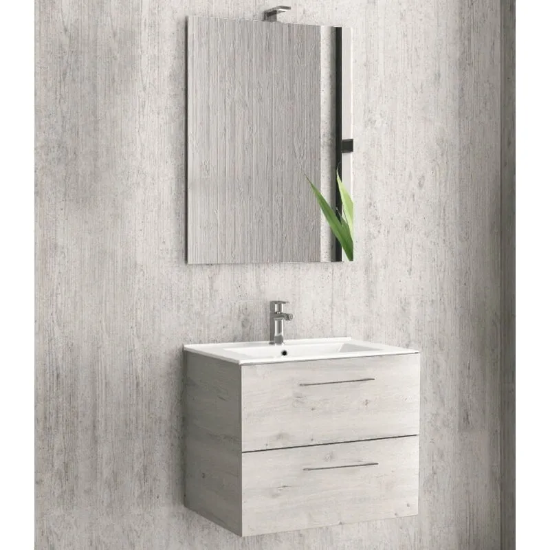 Karag - Mobile da bagno sospeso 60cm con due cassetti e specchio filo lucido ''New Elsa'' Ice oak