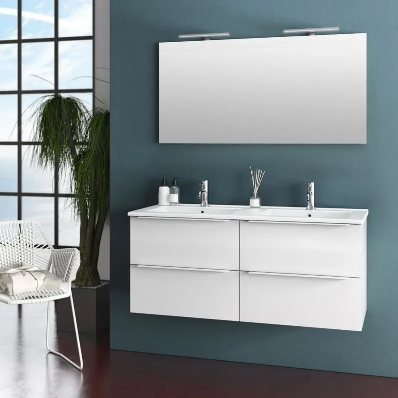 Tft Home Furniture - Mobile da Bagno Sospeso con Doppio Lavabo e Doppia Lampada a led tft Luna Bianco Lucido