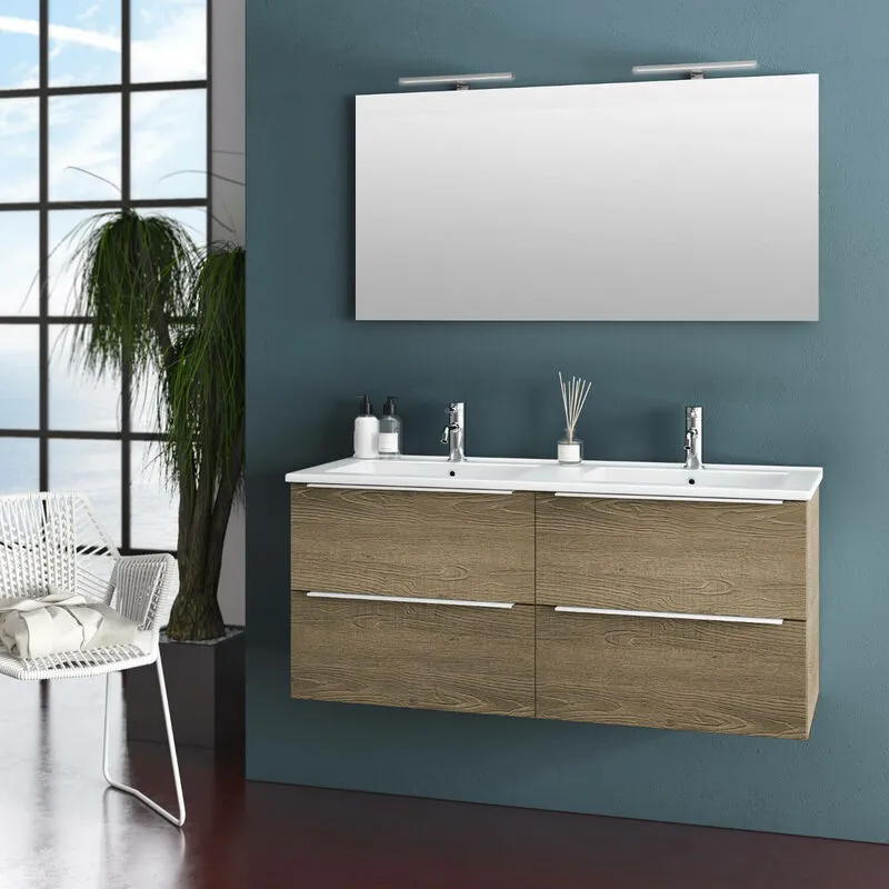 Tft Home Furniture - Mobile da Bagno Sospeso con Doppio Lavabo e Doppia Lampada a led tft Luna Rovere Miele