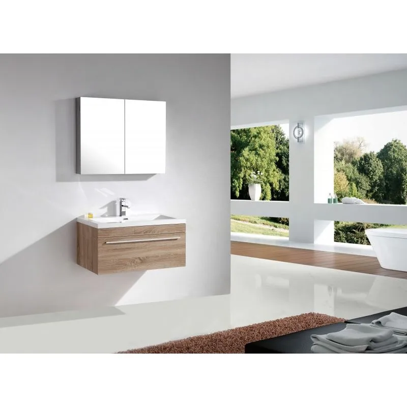  - Mobile da bagno T900 - rovere chiaro - specchio e colonna sospesa a scelta Senza specchio, Senza colonna sospesa