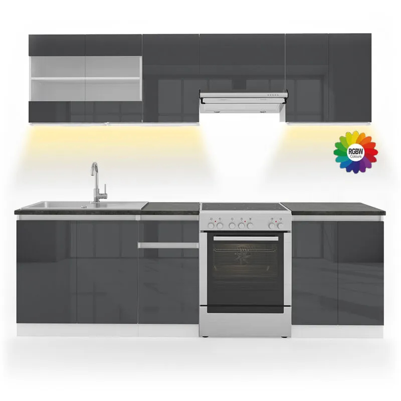  - Mobile da cucina Raul, Antracite/bianco, 240 cm , ap Nero con striscia led