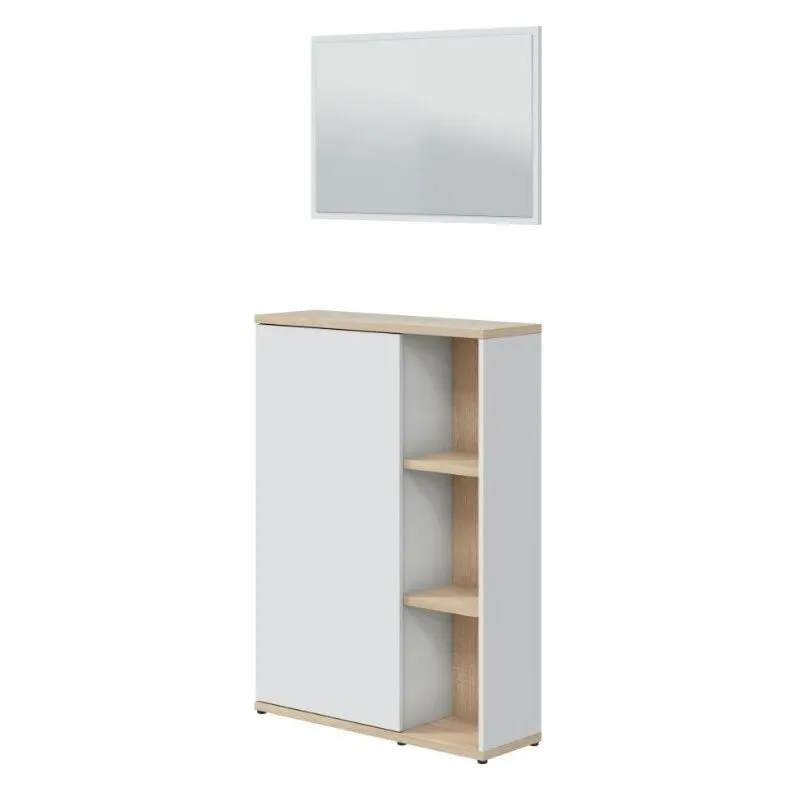 Bricohabitat - Mobile da Ingresso Adhara con Specchio 1 Anta Stile Moderno Artik Bianco e Rovere Canadese 80x95x30 cm