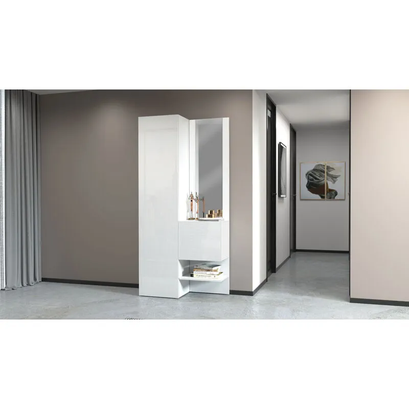 Mobile Ingresso 2 Armadietti e Specchio 90x35x191 cm Kompact Bianco Lucido