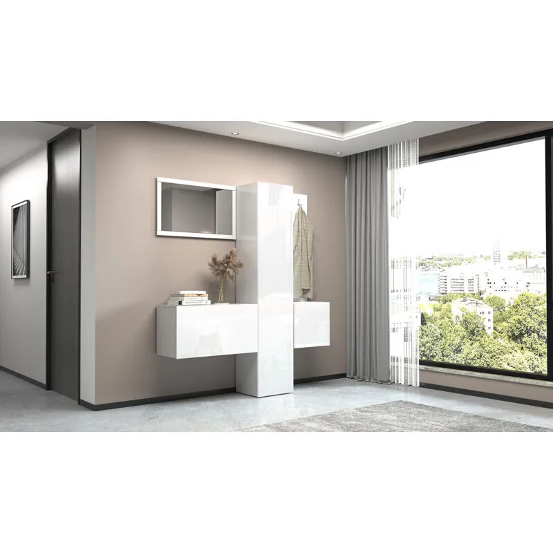 Giordanoshop - Mobile Ingresso Appendiabiti e Specchio 170x35x191 cm Kompact Bianco Lucido