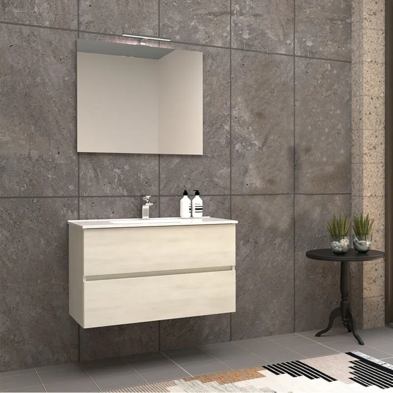 Mobile per bagno sospeso 90 cm con colonna e specchio bianco larice - Bianco larice