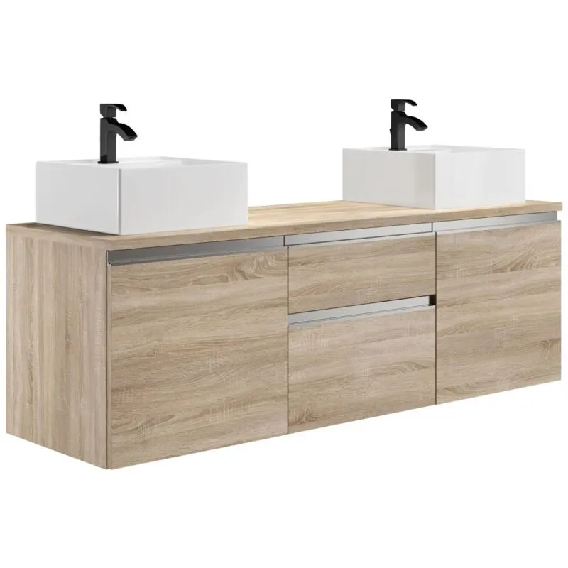 Mobile per bagno sospeso con doppio lavabo 150 cm Naturale chiaro - JIMENA II