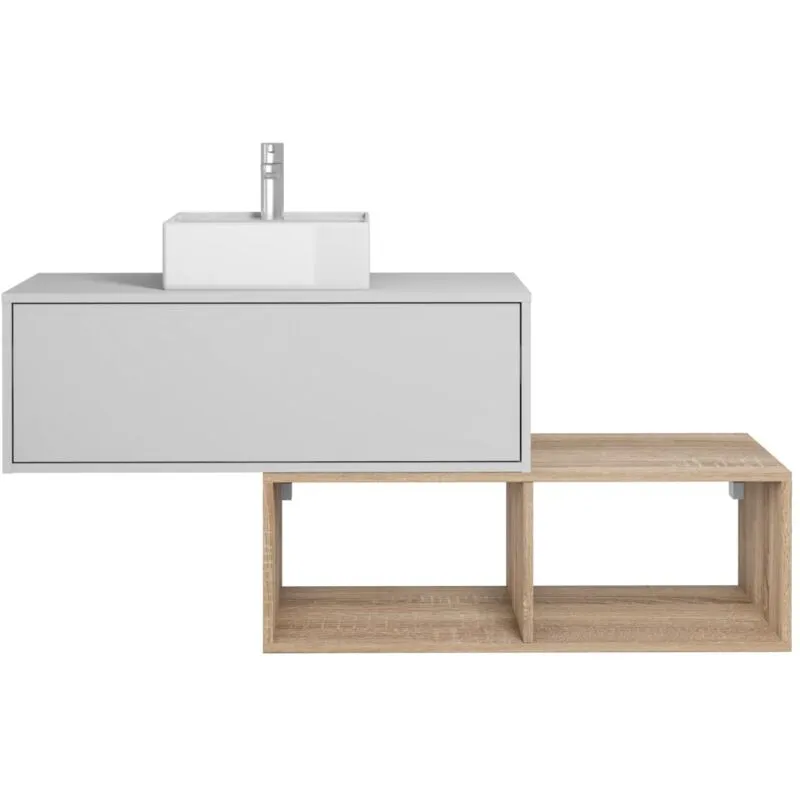 Mobile per bagno sospeso con lavabo quadrato 1 cassetto Bianco e 2 nicchie Naturale chiaro 94 cm - teana ii