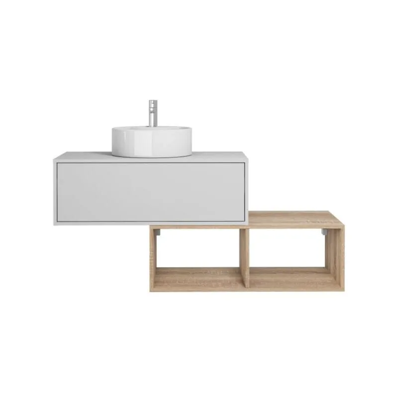 Mobile per bagno sospeso con lavabo tondo 1 cassetto Bianco e 2 nicchie Naturale chiaro 94 cm - teana ii