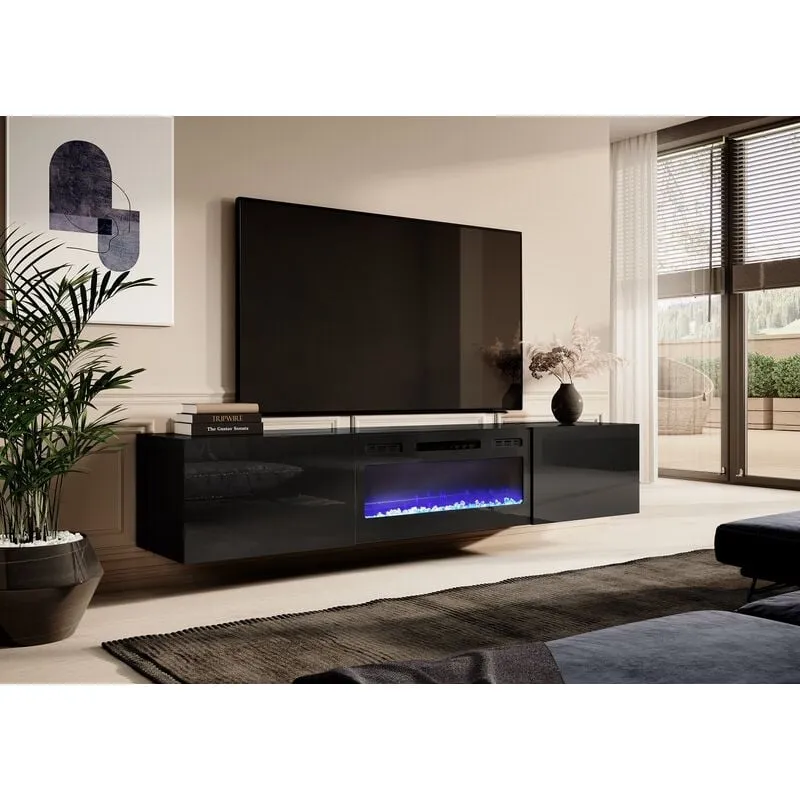 Mobile tv con caminetto elettrico Cm 200x40x37h nero lucido