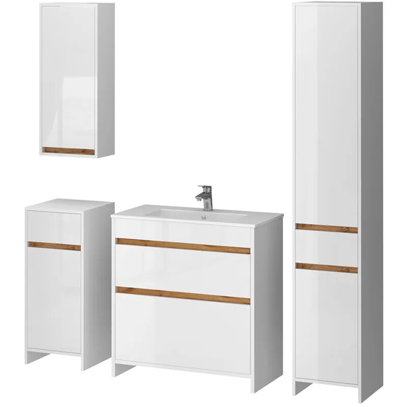 Mobili da bagno Detmold, Bianco lucido, Set di 5, 