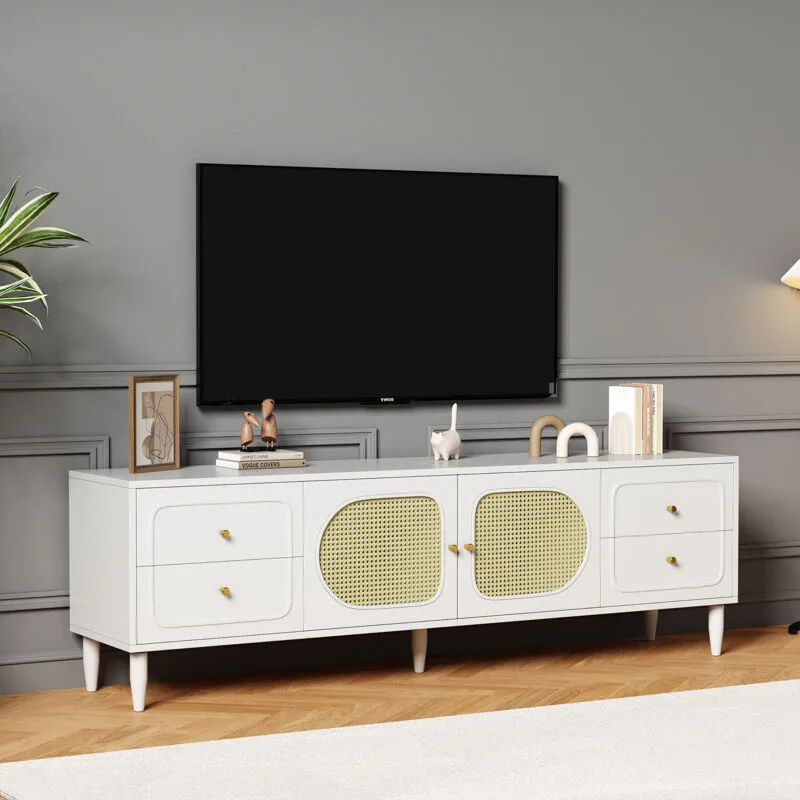 Mobili tv 180x40x56,5 cm, 4 cassetti, 2 ante in rattan, gambe regolabili in altezza, per tv fino a 80', bianco+naturale