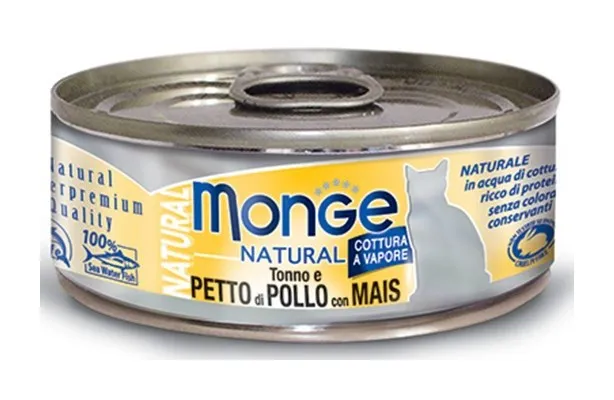 Monge Natural Superpremium Cotti a Vapore per Gatto da 80 gr Tonno Pollo e Mais