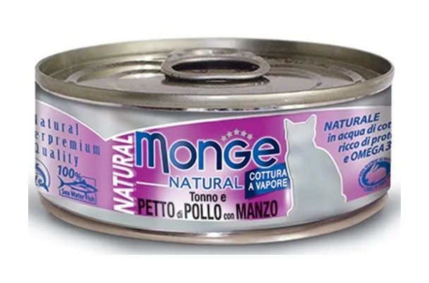 Natural Superpremium Cotti a Vapore per Gatto da 80 gr Tonno Pollo e Manzo - Monge