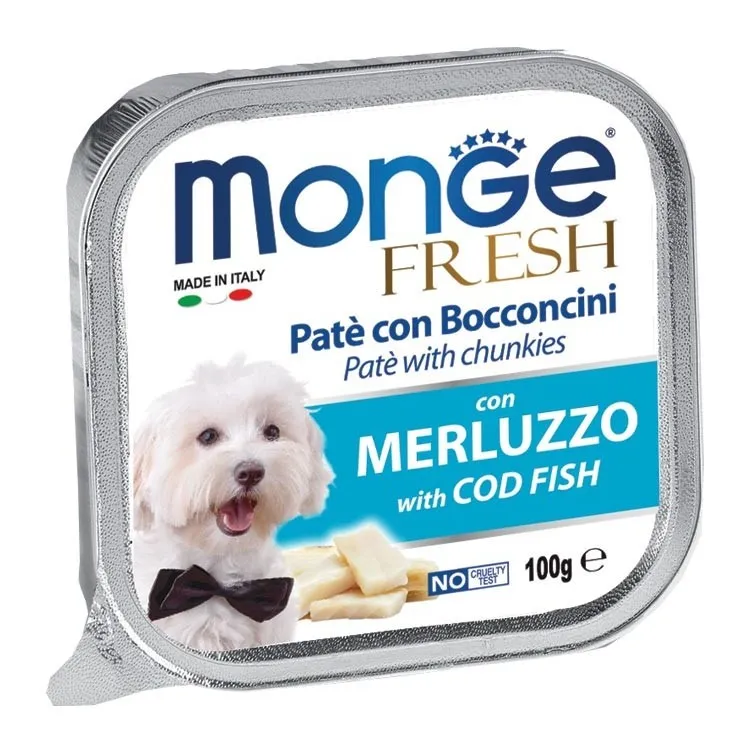 Monge - Fresh Patè e Bocconcini per Cane in Vaschetta da 100 gr Merluzzo
