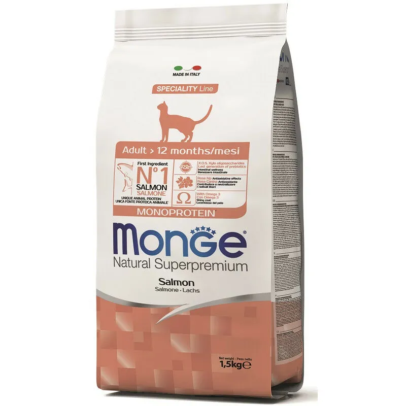 Natural Superpremium Monoprotein Adult con Salmone per Gatto da 1,5 kg + omaggio 2 Snack Gift - Monge