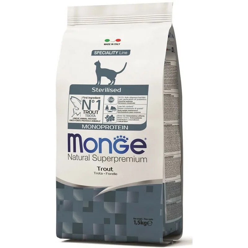 Monge - per Gatto Sterilised con Trota per Gatto da 1,5 kg + omaggio 2 Snack Gift