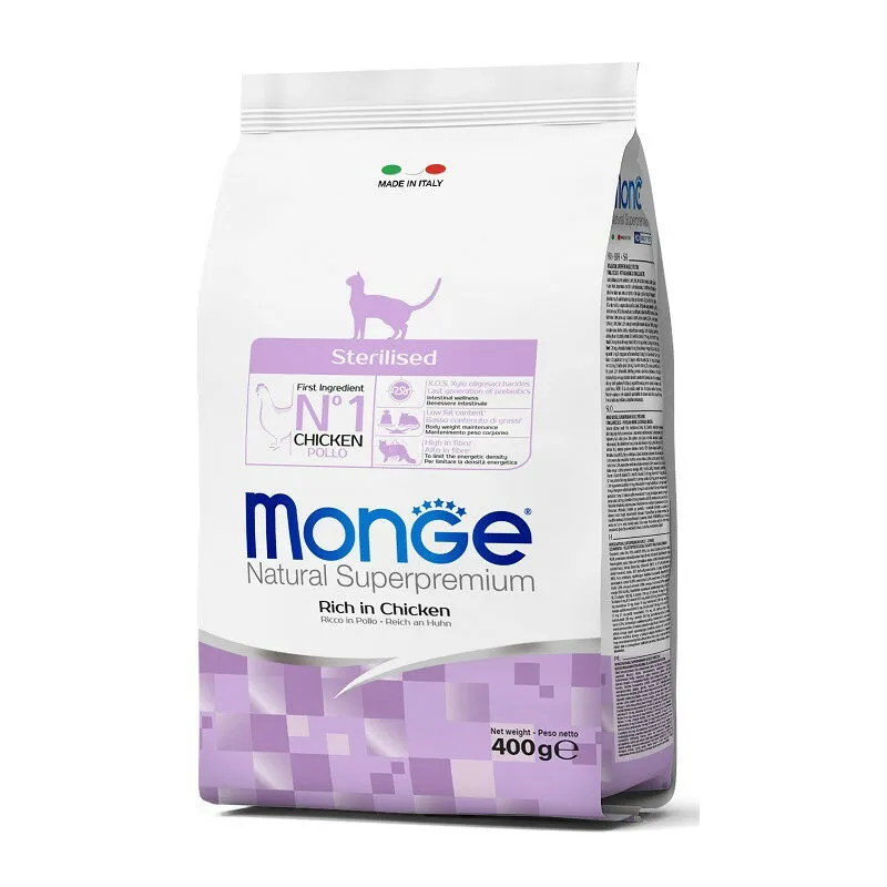 Monge - Natural Superpremium per Gatto Sterilised Ricco di Pollo da 400 gr (con 2 pz omaggio 2 Snack Gift)