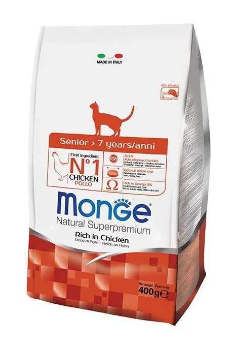 Monge - per Gatto Senior +7 con Pollo da 400g (con 2 pz omaggio 2 snack Gift)