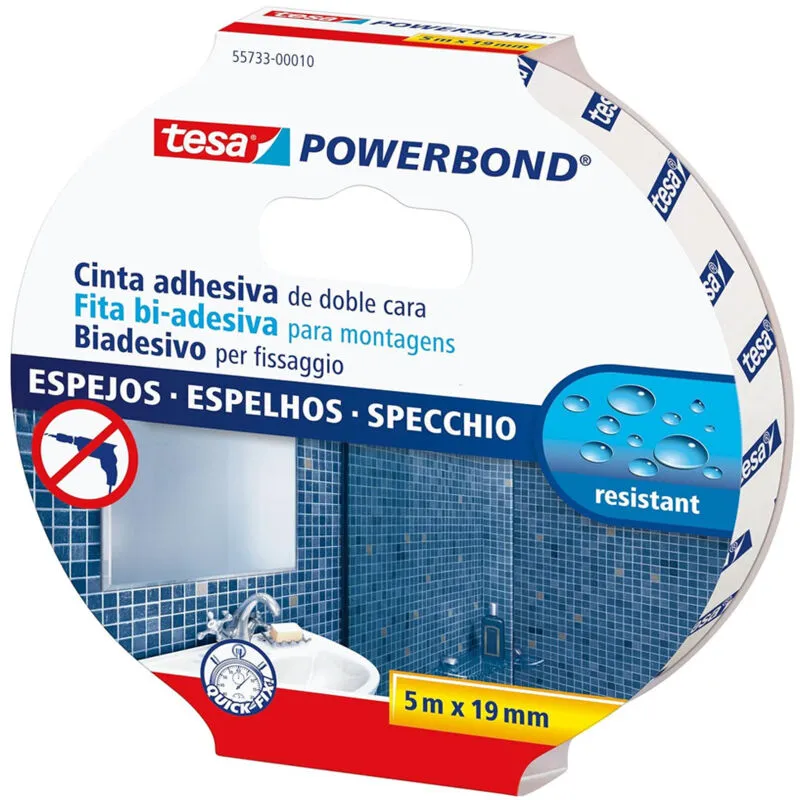 Powerbond - nastro biadesivo per specchi - nastro adesivo resistente all'umidit+ç adatto per docce e bagni - 5MX19MM 