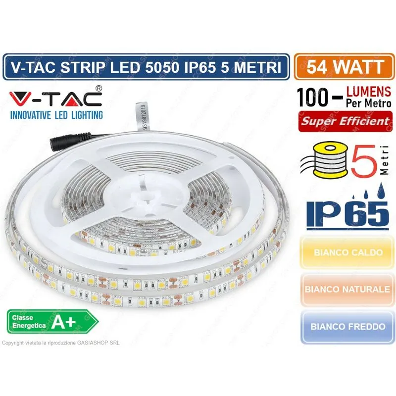 V-tac - striscia led 5050 impermeabile monocolore 300 led bobina da 5 metri IP65 - sku 2149 2150 2148 - Colore Luce: Bianco Naturale