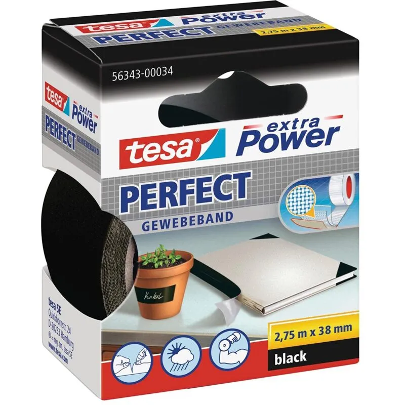 Extra Power Perfect, Biadesivo Rinforzato in Tessuto, Ottimo per Riparazione, Fissaggio, Etichettatura e Rinforzo, Nero, 2,75 m x 38 mm - 