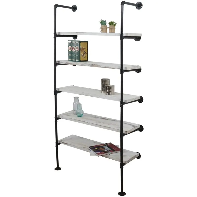 Non utilizzato] Scaffale libreria industriale  451 metallo legno di paulonia 5 ripiani 28x80x165cm bianco - white