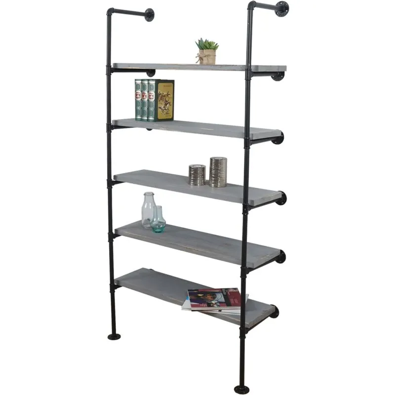 Non utilizzato] Scaffale libreria industriale  451 metallo legno di paulonia 5 ripiani 28x80x165cm grigio - grey