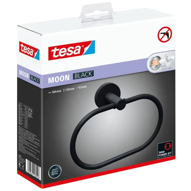 Porta asciugamani ad anello  moon black, look Nero opaco, autoadesivo, tecnologia di montaggio adesiva, 53 mm x 184 mm x 130 mm