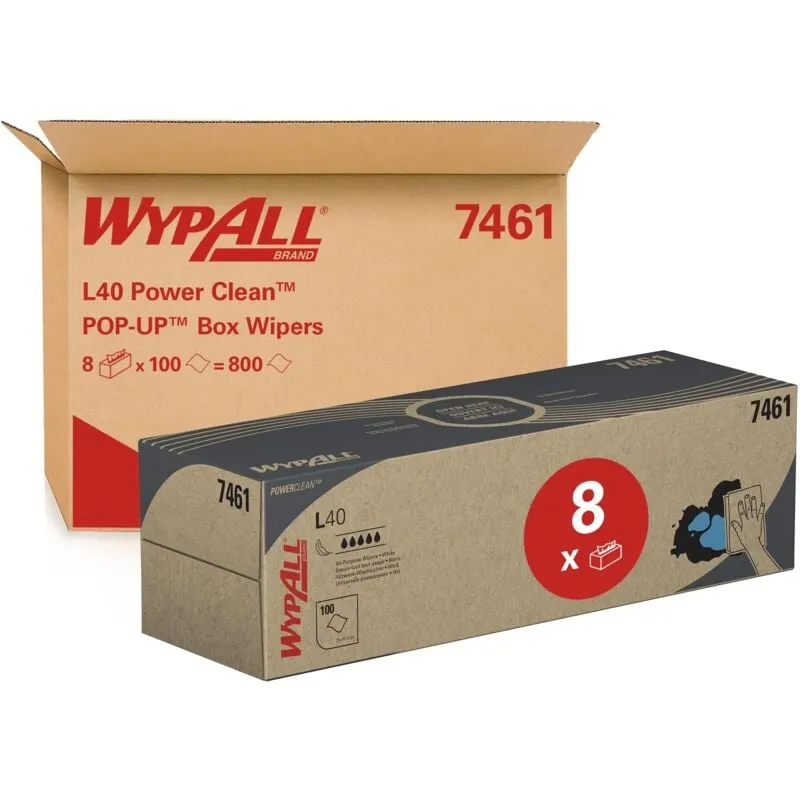 Wypall - pop-up Box di panni L40 Power Clean 7461 - Panni in carta per la pulizia - 8 confezioni da 100 panni per la pulizia bianchi (totale 800)