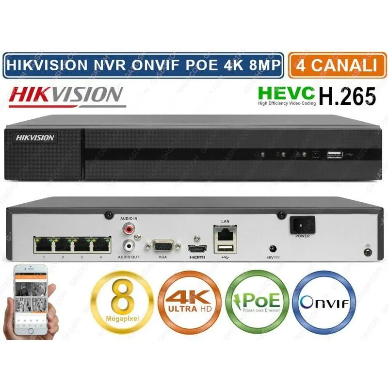 Nvr 4 canali Hikvision HWN-4104MH-4P 4K 8MPX onvif poe H.265+ cloud P2P