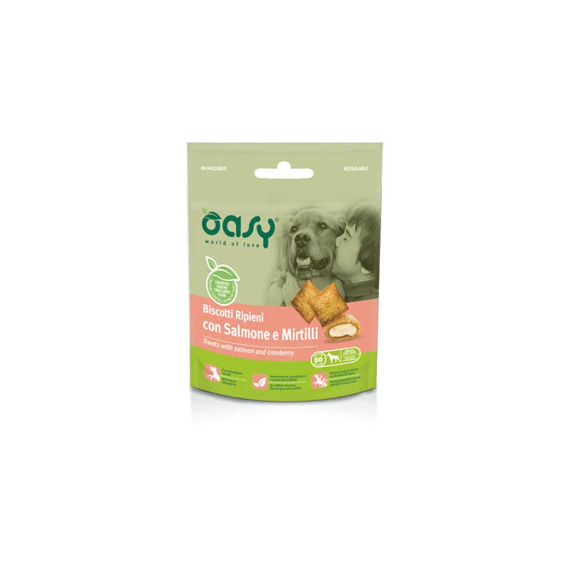 Snack Per Cani biscotti ripieni con salmone e mirtilli 80 gr - Oasy