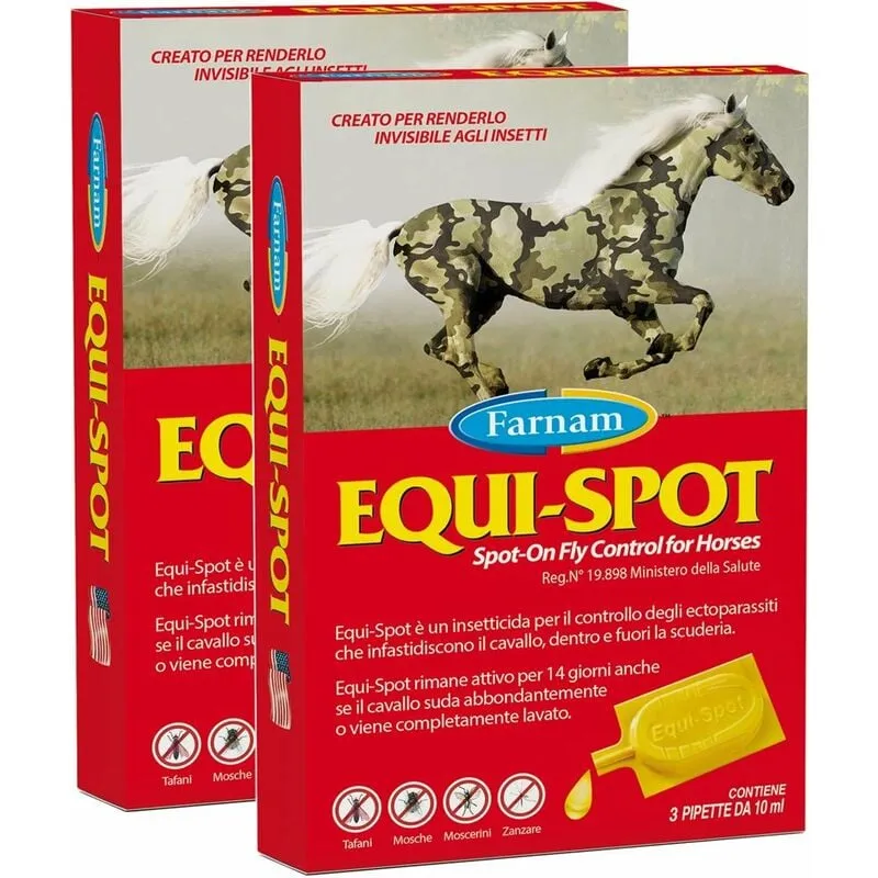 Offerta speciale 2 confezioni di equi-spot insetticida spot-on per il controllo di tafani, mosche, zanzare e zecche. equispot 3 Pipette 10 ml cad. x 2